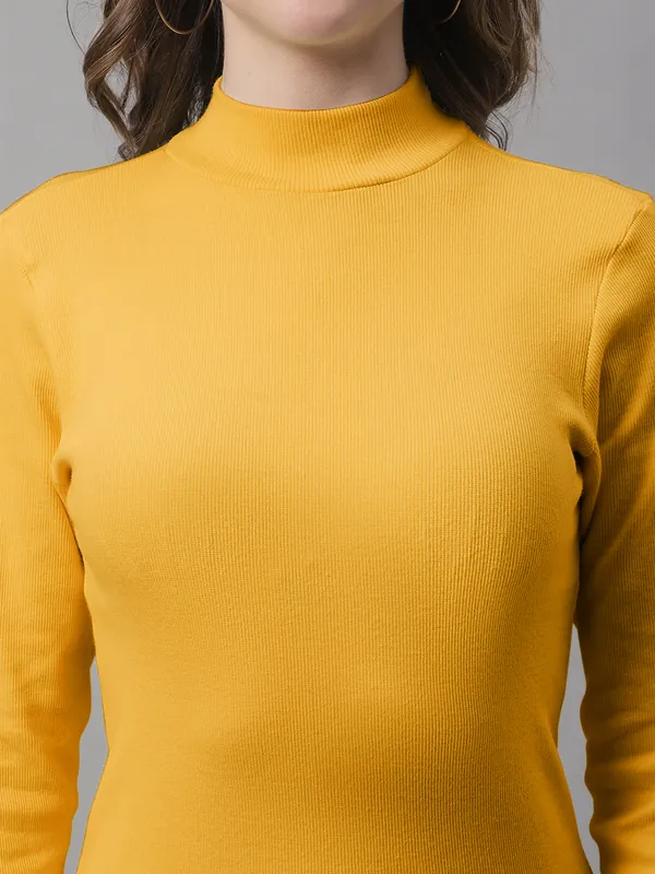Gold_Cotton_Rib_Turtle_Neck_Long_Sleeve_Top_For_Women