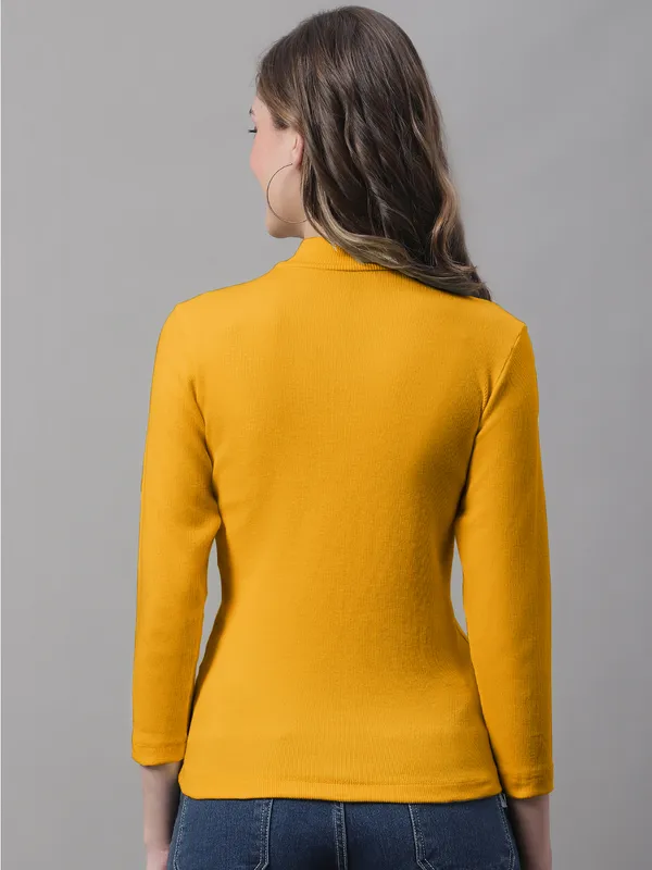 Gold_Cotton_Rib_Turtle_Neck_Long_Sleeve_Top_For_Women