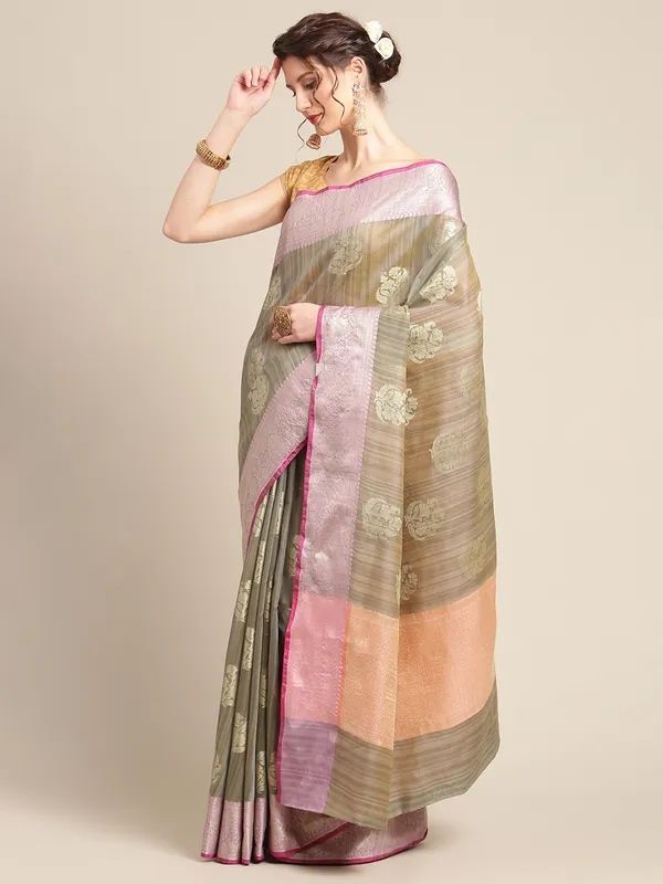 Grey_Matka_Silk/Silk_Blend_Banarasi_Sarees_For_Women