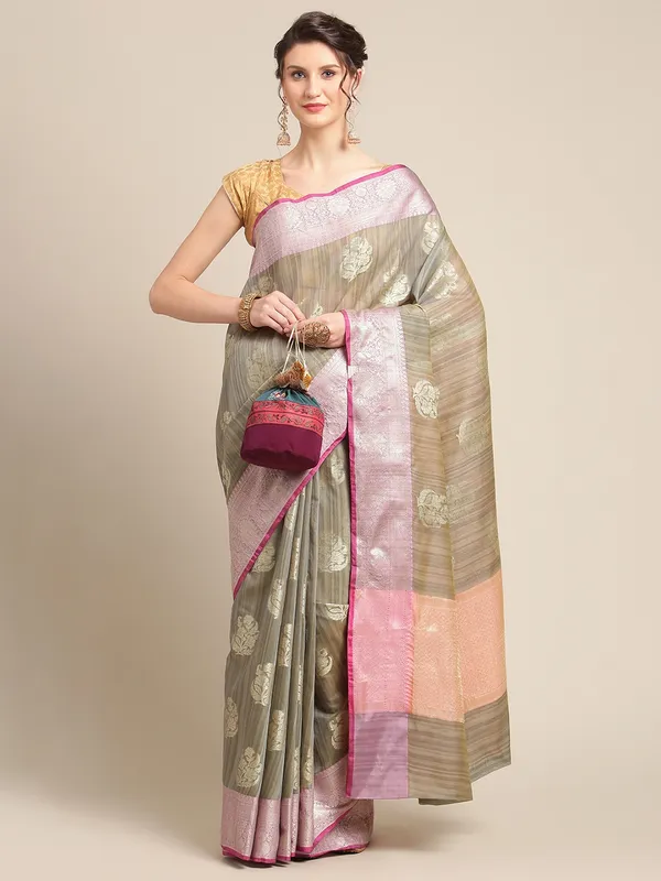 Grey_Matka_Silk/Silk_Blend_Banarasi_Sarees_For_Women