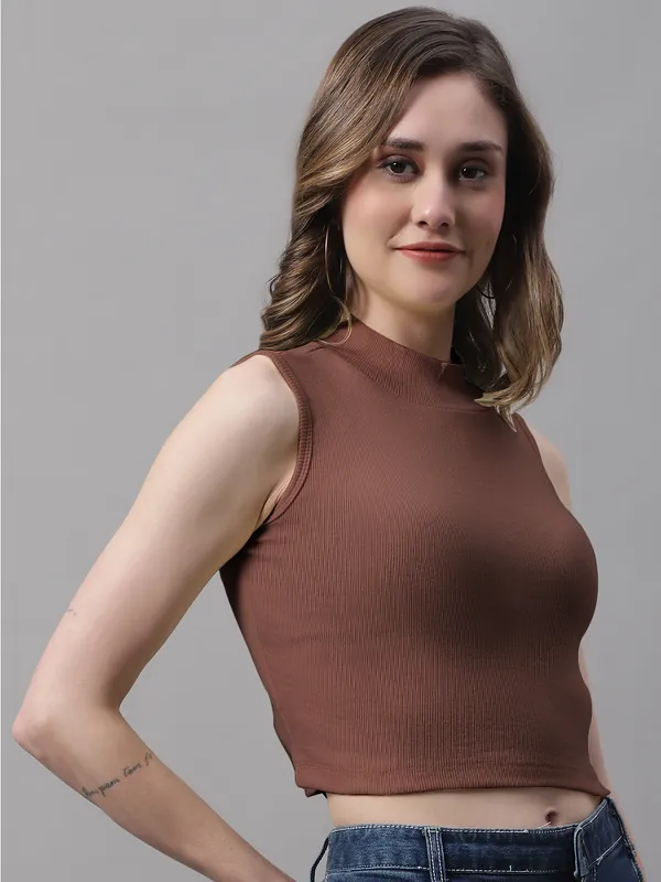 Brown_Cotton_Rib_Turtle_Neck_Crop_Top_For_Women