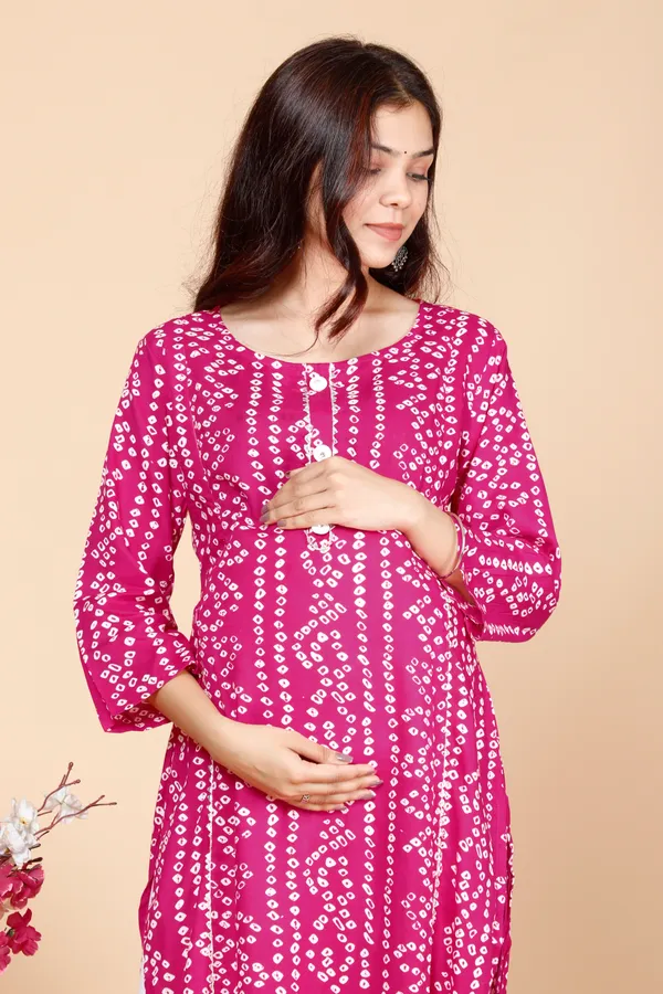 PregyFed_Bandhej_Printed_Maternity_Wear_Straight_Kurti_with_Gota_Detaling_and_Invisible_Zip_on_Both_Side