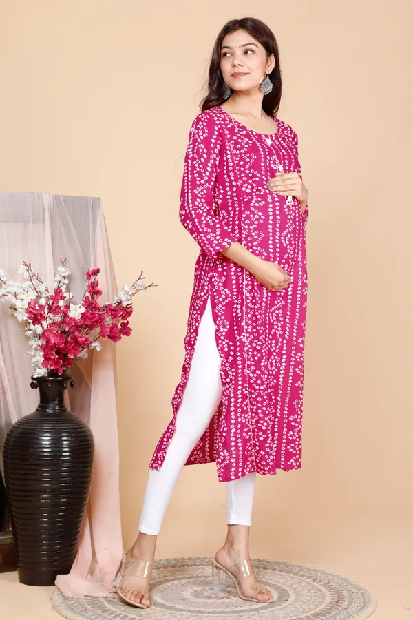 PregyFed_Bandhej_Printed_Maternity_Wear_Straight_Kurti_with_Gota_Detaling_and_Invisible_Zip_on_Both_Side