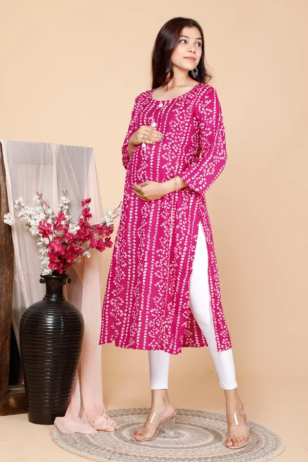 PregyFed_Bandhej_Printed_Maternity_Wear_Straight_Kurti_with_Gota_Detaling_and_Invisible_Zip_on_Both_Side
