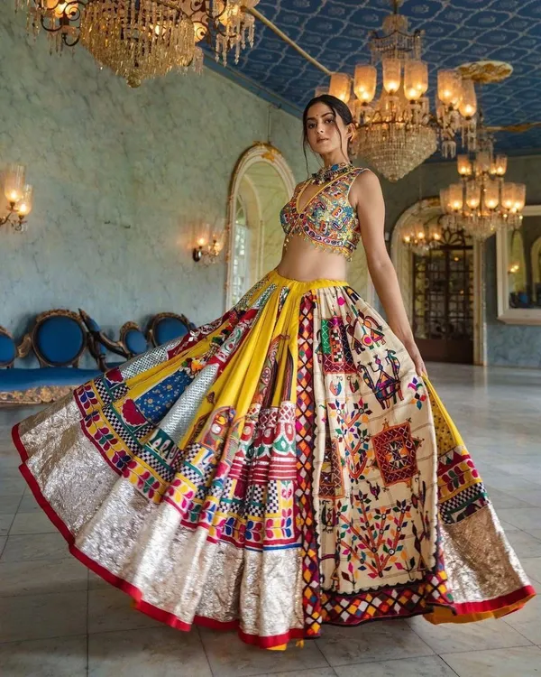 Multy_Lehenga_Choli_With_Mirror_Work_And_Attached_Red_Dupatta