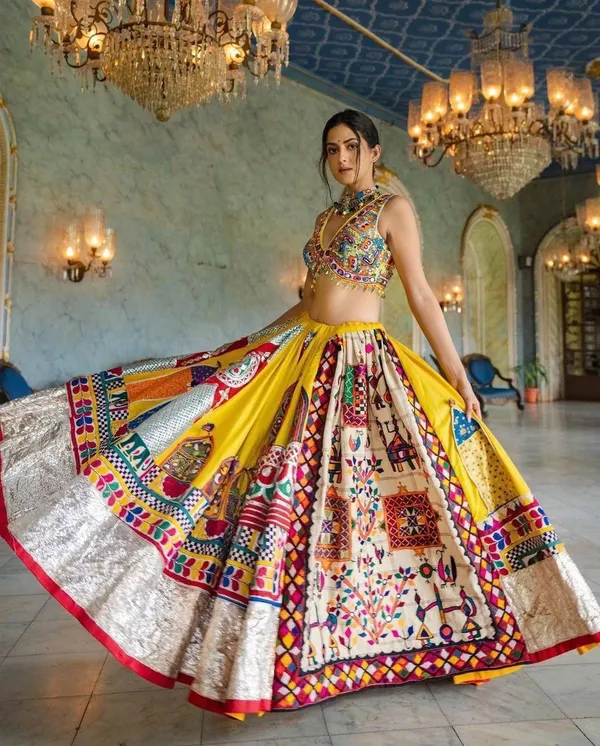 Multy_Lehenga_Choli_With_Mirror_Work_And_Attached_Red_Dupatta