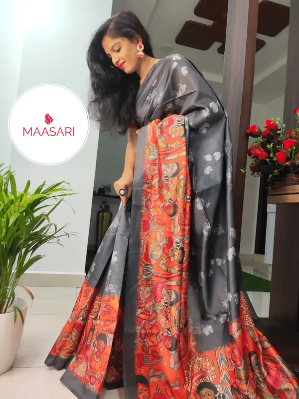 Kalamkari_Orange_–_Kalamkari_Art_Diwali_Special_|_Soft_Tussar_Silk_Saree_with_Print,_Temple_Border_&_Contrast_Print_Blouse_with_Tassels