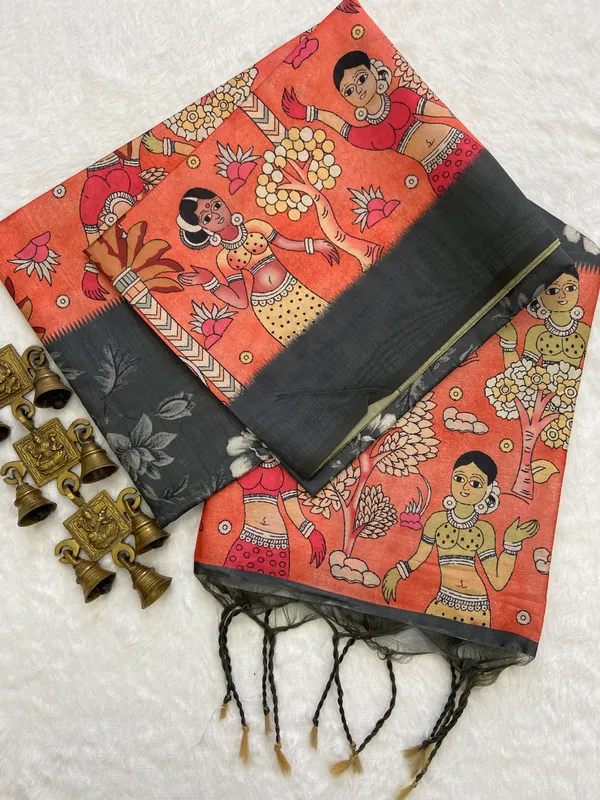 Kalamkari_Orange_–_Kalamkari_Art_Diwali_Special_|_Soft_Tussar_Silk_Saree_with_Print,_Temple_Border_&_Contrast_Print_Blouse_with_Tassels