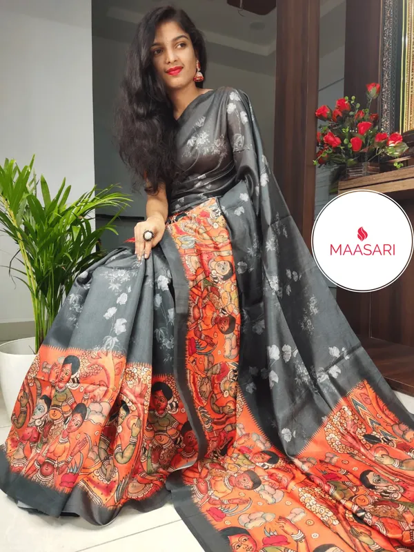 Kalamkari_Orange_–_Kalamkari_Art_Diwali_Special_|_Soft_Tussar_Silk_Saree_with_Print,_Temple_Border_&_Contrast_Print_Blouse_with_Tassels