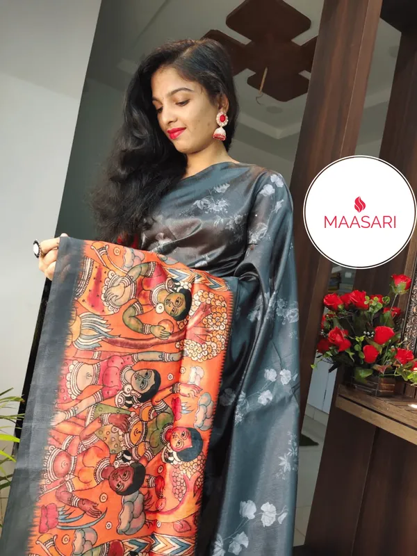 Kalamkari_Orange_–_Kalamkari_Art_Diwali_Special_|_Soft_Tussar_Silk_Saree_with_Print,_Temple_Border_&_Contrast_Print_Blouse_with_Tassels