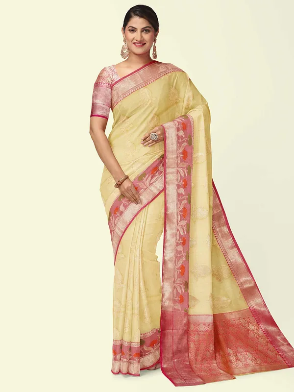 Beige_Cotton_Blend_Banarasi_Sarees_For_Women