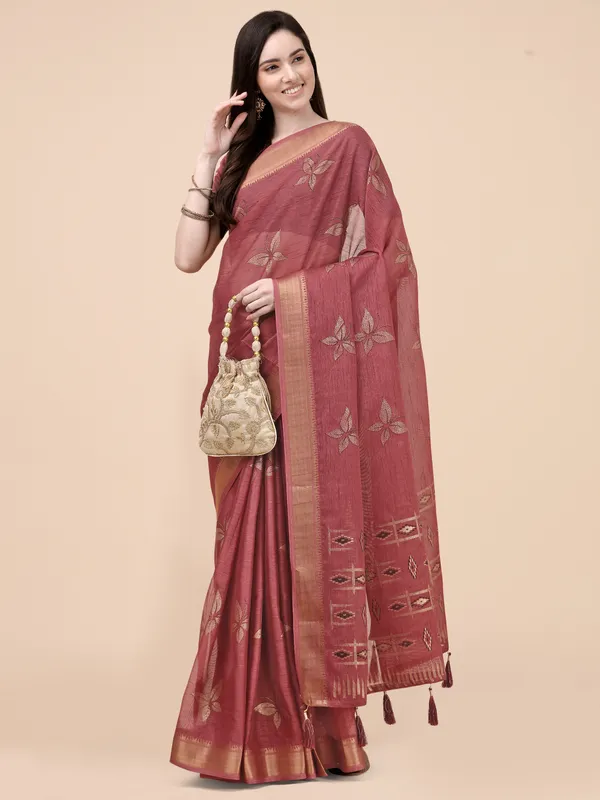 Tessar_Silk_Foil_pedding_Printed_And_Claasical_Zumka_Weaving_Border_Saree_With_Printed_Unstitched_Blouse_Piece