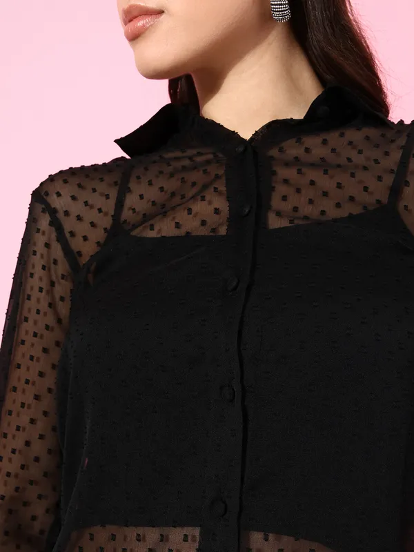 Black_Chiffon_3/4th_Sleeve_Self_Design_Regular_Fit_Long_Shirt_For_Women