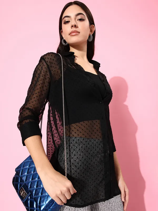 Black_Chiffon_3/4th_Sleeve_Self_Design_Regular_Fit_Long_Shirt_For_Women