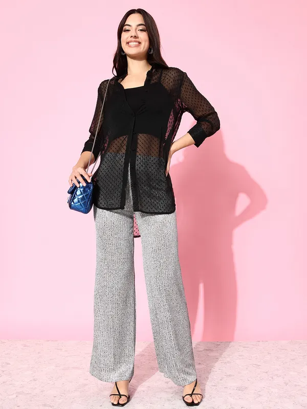 Black_Chiffon_3/4th_Sleeve_Self_Design_Regular_Fit_Long_Shirt_For_Women