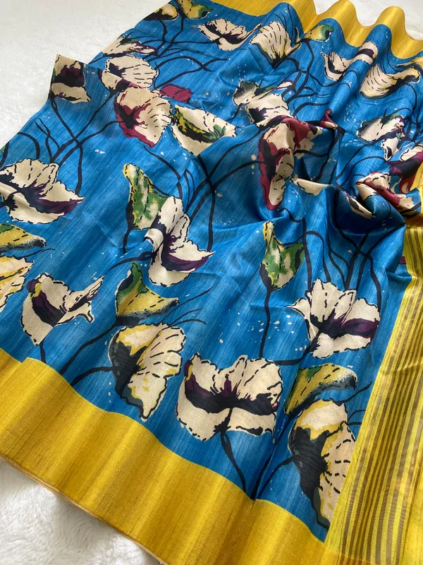 Saraswati_Blue_–_Divine_Wisdom_Navratri_Special_|_Soft_Tussar_Silk_Saree_with_Print,_Border_&_Contrast_Print_Blouse_with_Tassels