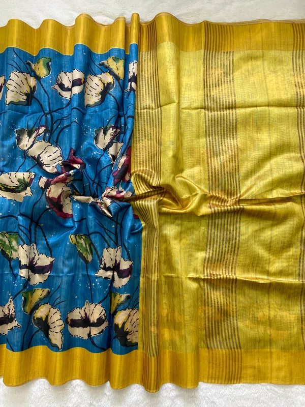Saraswati_Blue_–_Divine_Wisdom_Navratri_Special_|_Soft_Tussar_Silk_Saree_with_Print,_Border_&_Contrast_Print_Blouse_with_Tassels