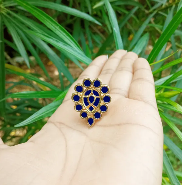 Assamese_Traditional_Copper_Gold_Plated_Blue_Colour_Dugdugi_Fingerring_For_Girls_&_Women