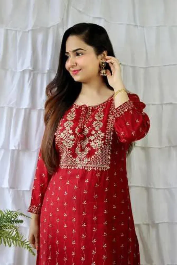 Women_Elegant_Red_Embroidery_Kurti_&_Pant_with_Dupatta_Set