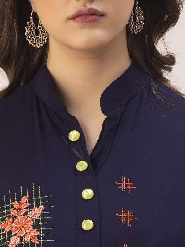 Navy_Blue_Rayon_Women_Kurta,_All_over_Embroidery_Work_with_Tassel_&_Pearl_Buttons