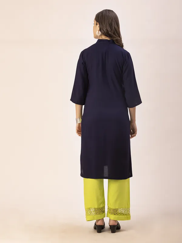 Navy_Blue_Rayon_Women_Kurta,_All_over_Embroidery_Work_with_Tassel_&_Pearl_Buttons