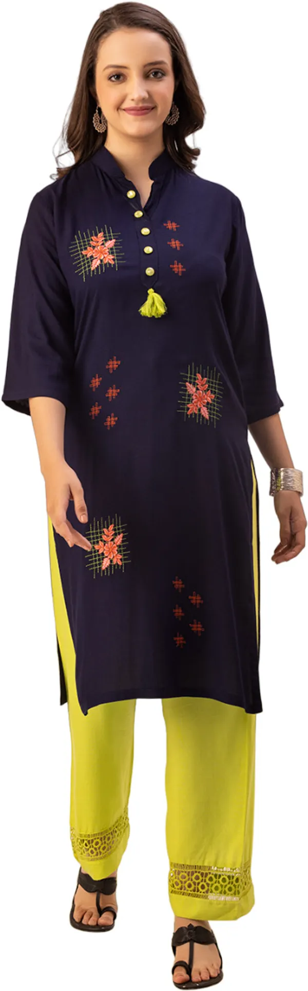 Navy_Blue_Rayon_Women_Kurta,_All_over_Embroidery_Work_with_Tassel_&_Pearl_Buttons