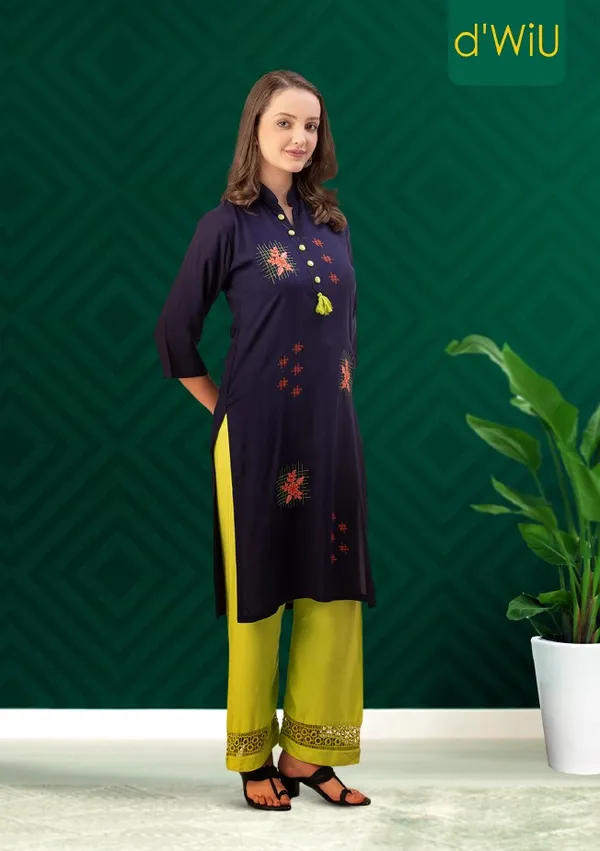 Navy_Blue_Rayon_Women_Kurta,_All_over_Embroidery_Work_with_Tassel_&_Pearl_Buttons