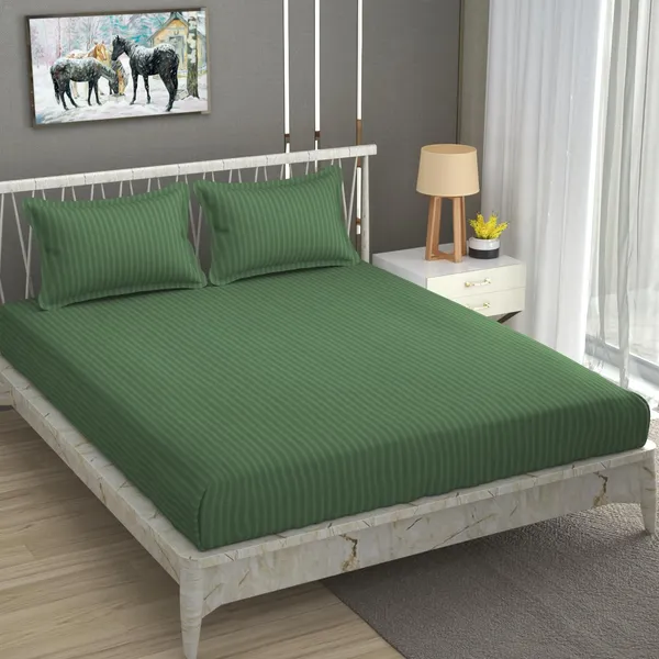 220TC_Elastic_Fitted_100%_Cotton_Feel_Stripes_King_Size_Double_Bed_Bedsheet_with_2_Pillow_Cover_(72"x78"_Upto_6"_Mattress)_Green