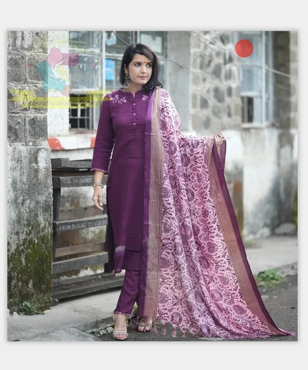 Wine_COTTON_Printed_Kurti_Pant_With_Duppta_For_Women