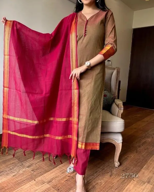 Golden_Maroon_Khadi_COTTON_Printed_Kurta_Set_For_Women