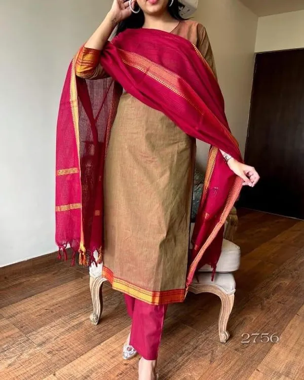 Golden_Maroon_Khadi_COTTON_Printed_Kurta_Set_For_Women