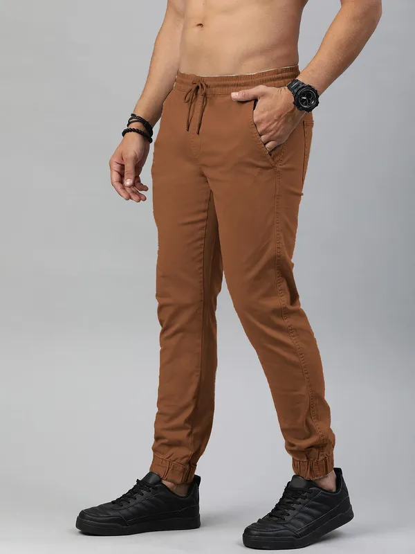 Khaki_Cotton_Blend_Solid_Mens_slim_fit_Joggers