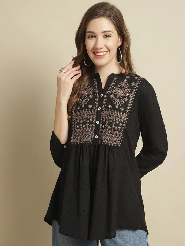 Black_Cotton_Embroidered_Flare_Style_Short_Kurti