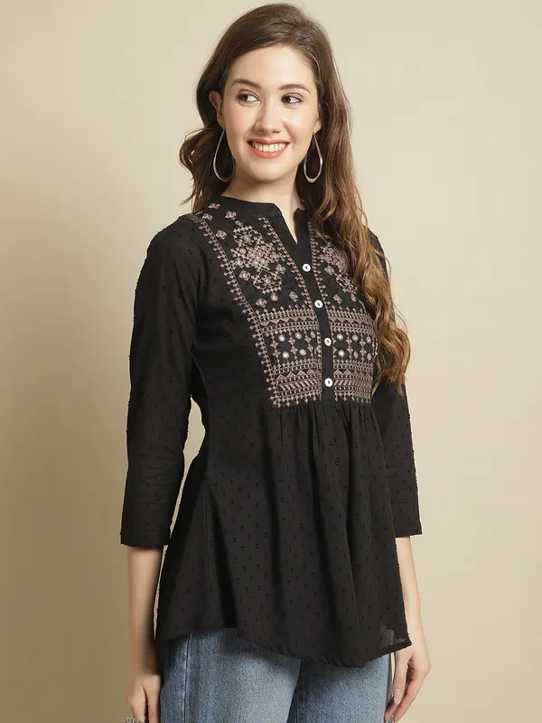 Black_Cotton_Embroidered_Flare_Style_Short_Kurti