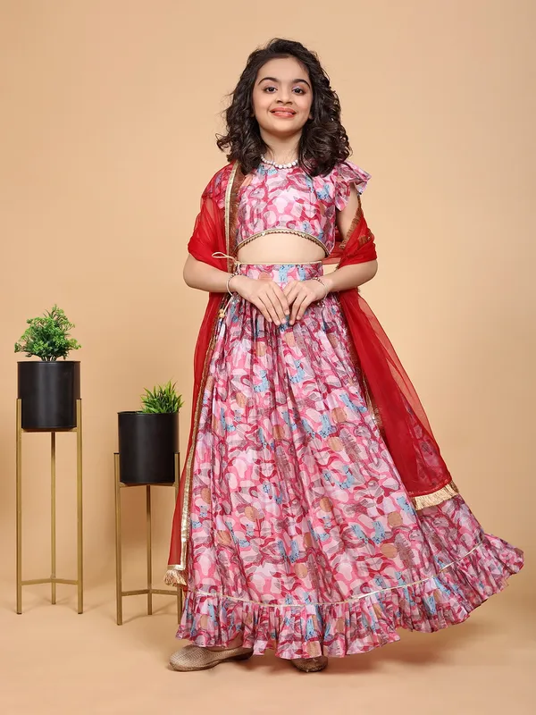 MAHANT FASHION Pink Girls Printed Ready to Wear Lehenga Blouse