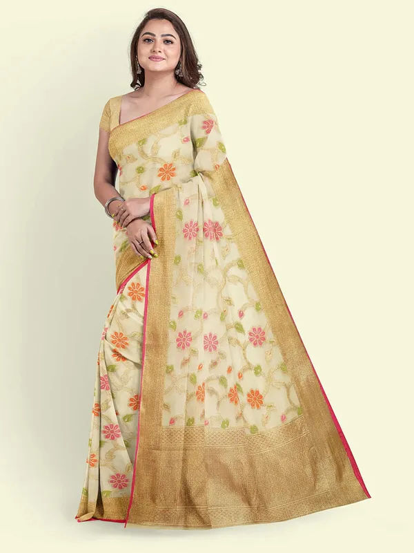 Beige_Cotton_Blend_Banarasi_Sarees_For_Women