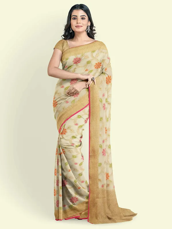 Beige_Cotton_Blend_Banarasi_Sarees_For_Women
