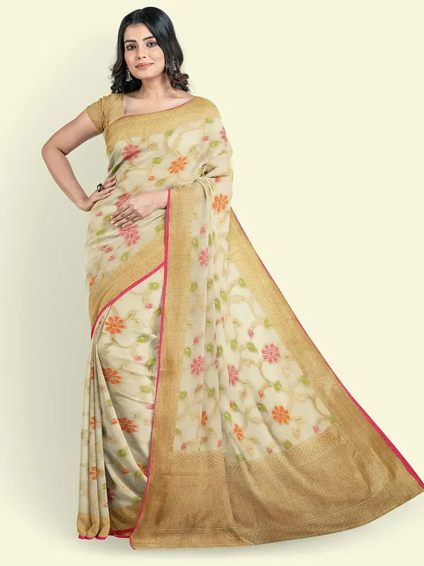 Beige_Cotton_Blend_Banarasi_Sarees_For_Women