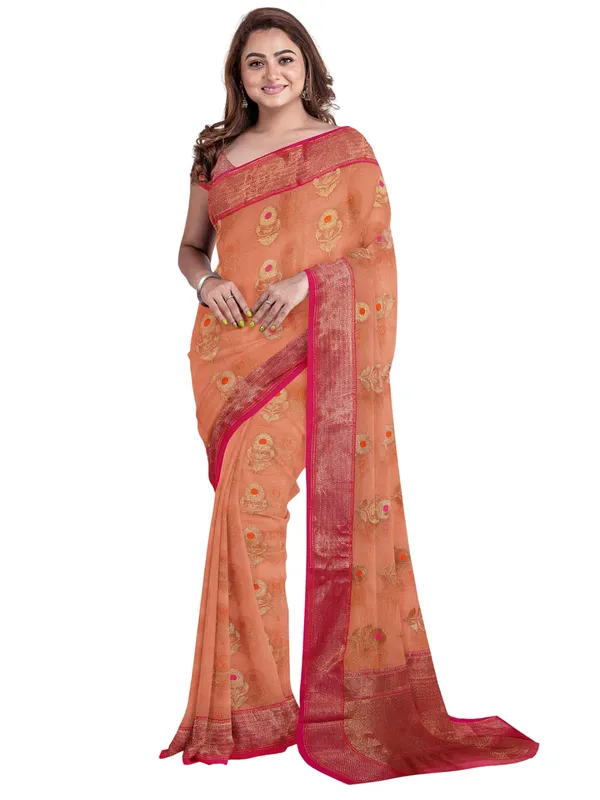Orange_Cotton_Blend_Banarasi_Sarees_For_Women