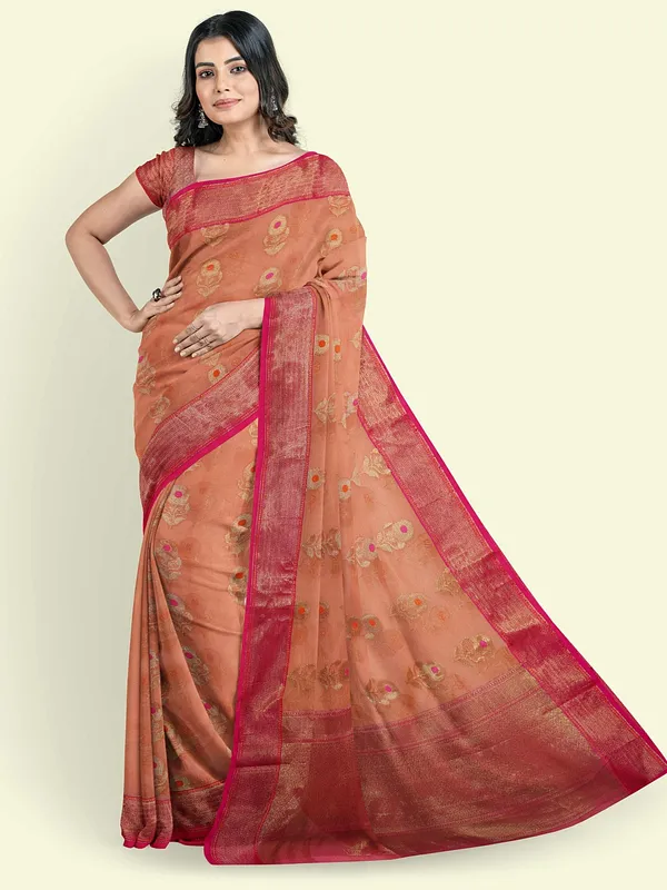 Orange_Cotton_Blend_Banarasi_Sarees_For_Women