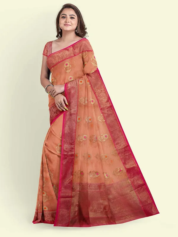 Orange_Cotton_Blend_Banarasi_Sarees_For_Women
