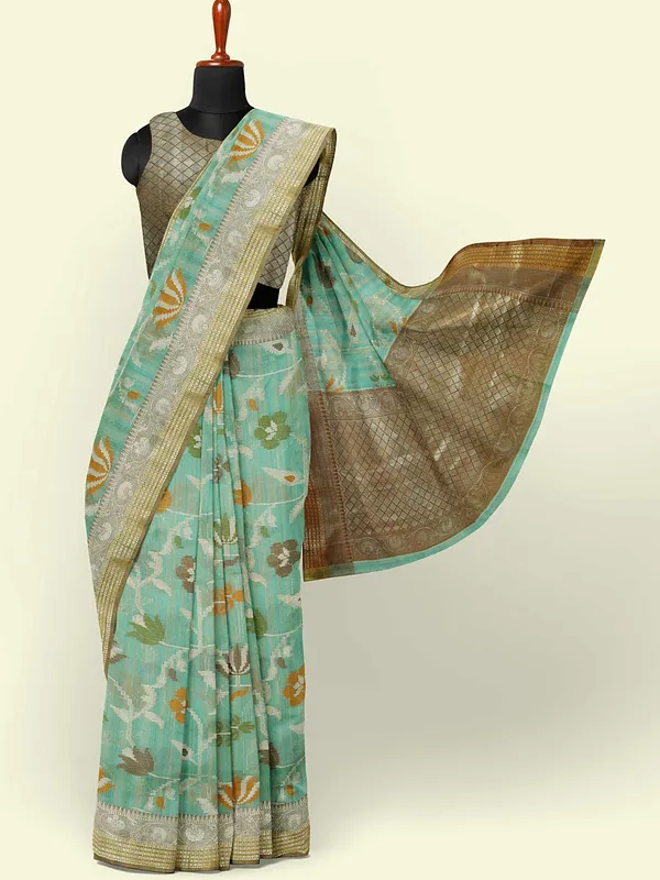 Sea_Green_Mulberry_Silk/Silk_Blend_Banarasi_Sarees_For_Women