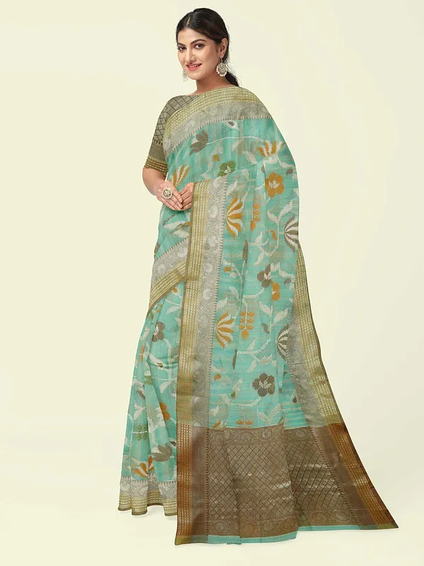 Sea_Green_Mulberry_Silk/Silk_Blend_Banarasi_Sarees_For_Women
