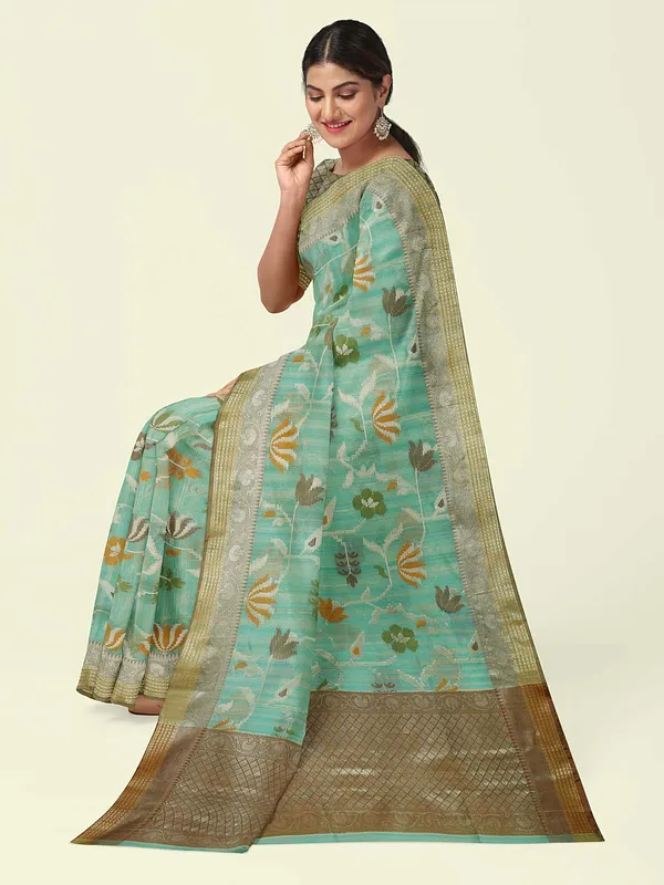 Sea_Green_Mulberry_Silk/Silk_Blend_Banarasi_Sarees_For_Women