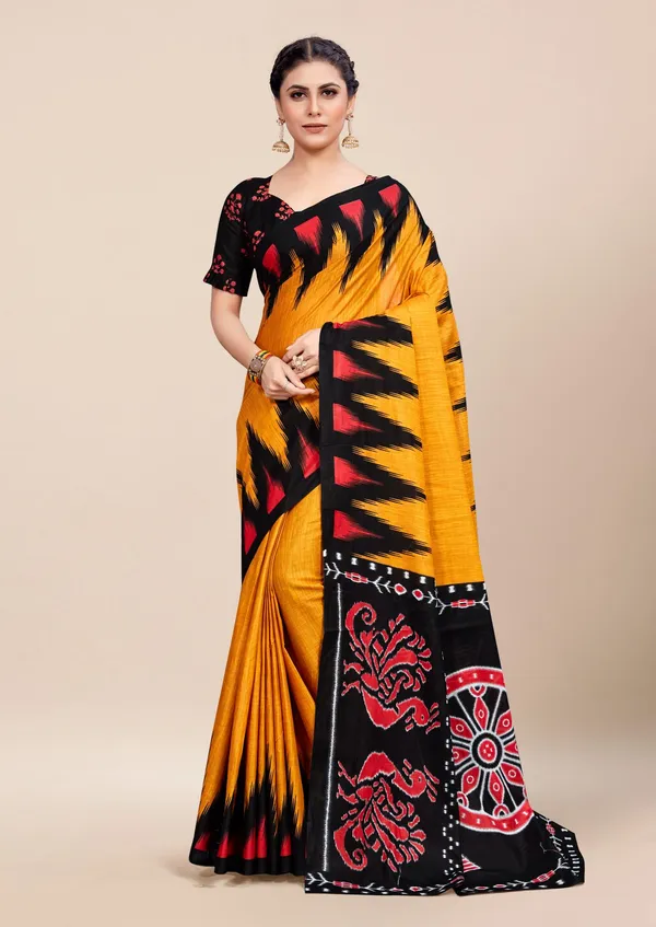 Ikkat_Print_Pure_Soft_Cotton_saree_With_Blouse_Piece