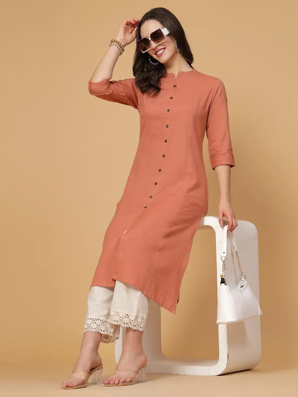 Light_Rust_Cotton_Solid_Regular_A-line_Kurta