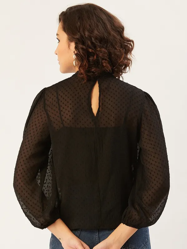 Black_Polyester_Casual_Solid_Round_Neck_Regular_Fit_Top_For_Women