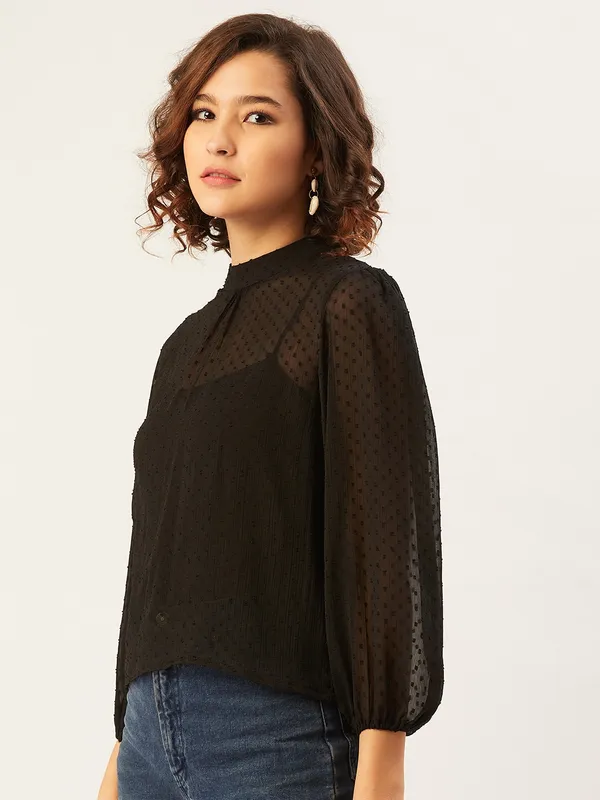 Black_Polyester_Casual_Solid_Round_Neck_Regular_Fit_Top_For_Women