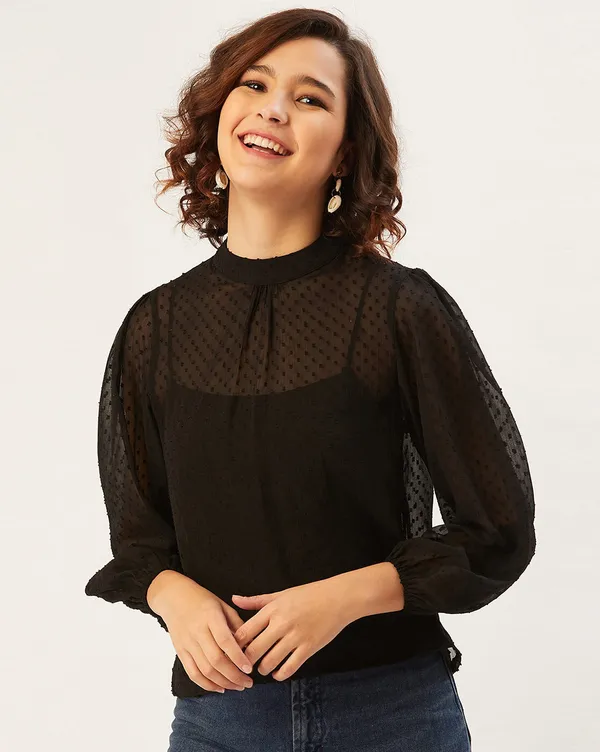 Black_Polyester_Casual_Solid_Round_Neck_Regular_Fit_Top_For_Women