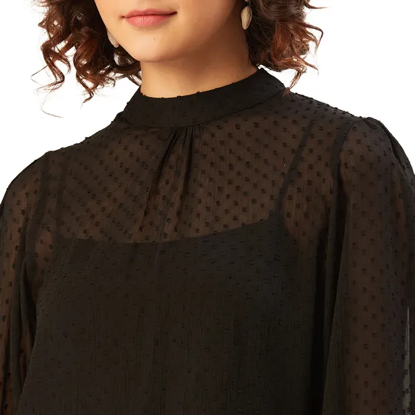 Black_Polyester_Casual_Solid_Round_Neck_Regular_Fit_Top_For_Women